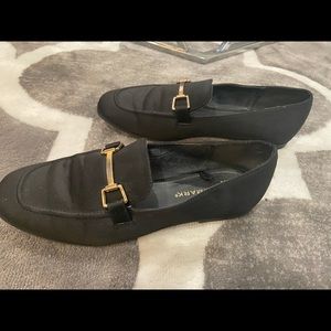 Black Satin loafers with gold hardware